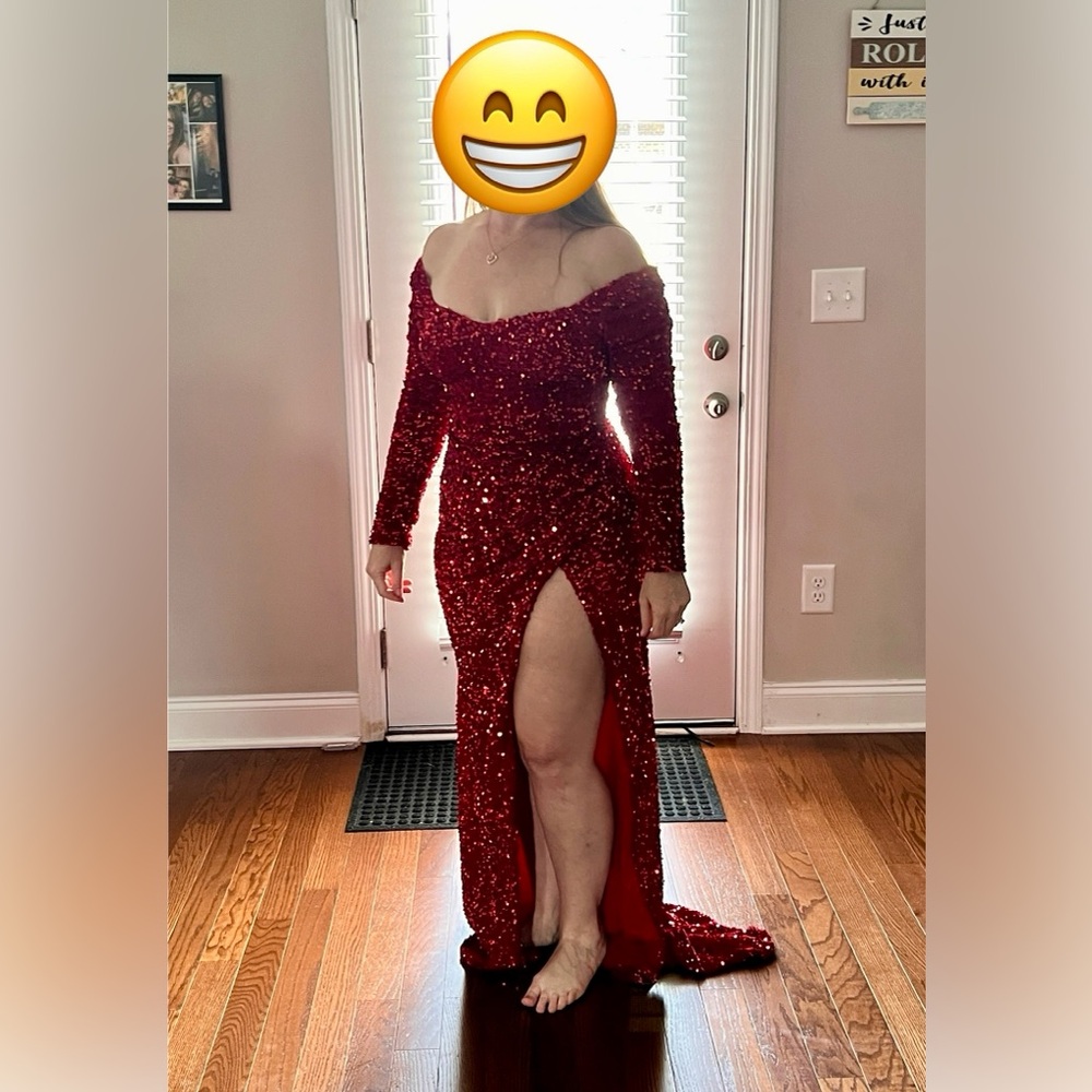Red Sequin Off-Shoulder Gown